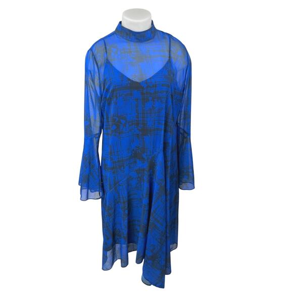 Topshop Blue Checkered Floral Fluted Seamed Asymmetric High Neck Midi Dress 14 - Picture 1 of 5